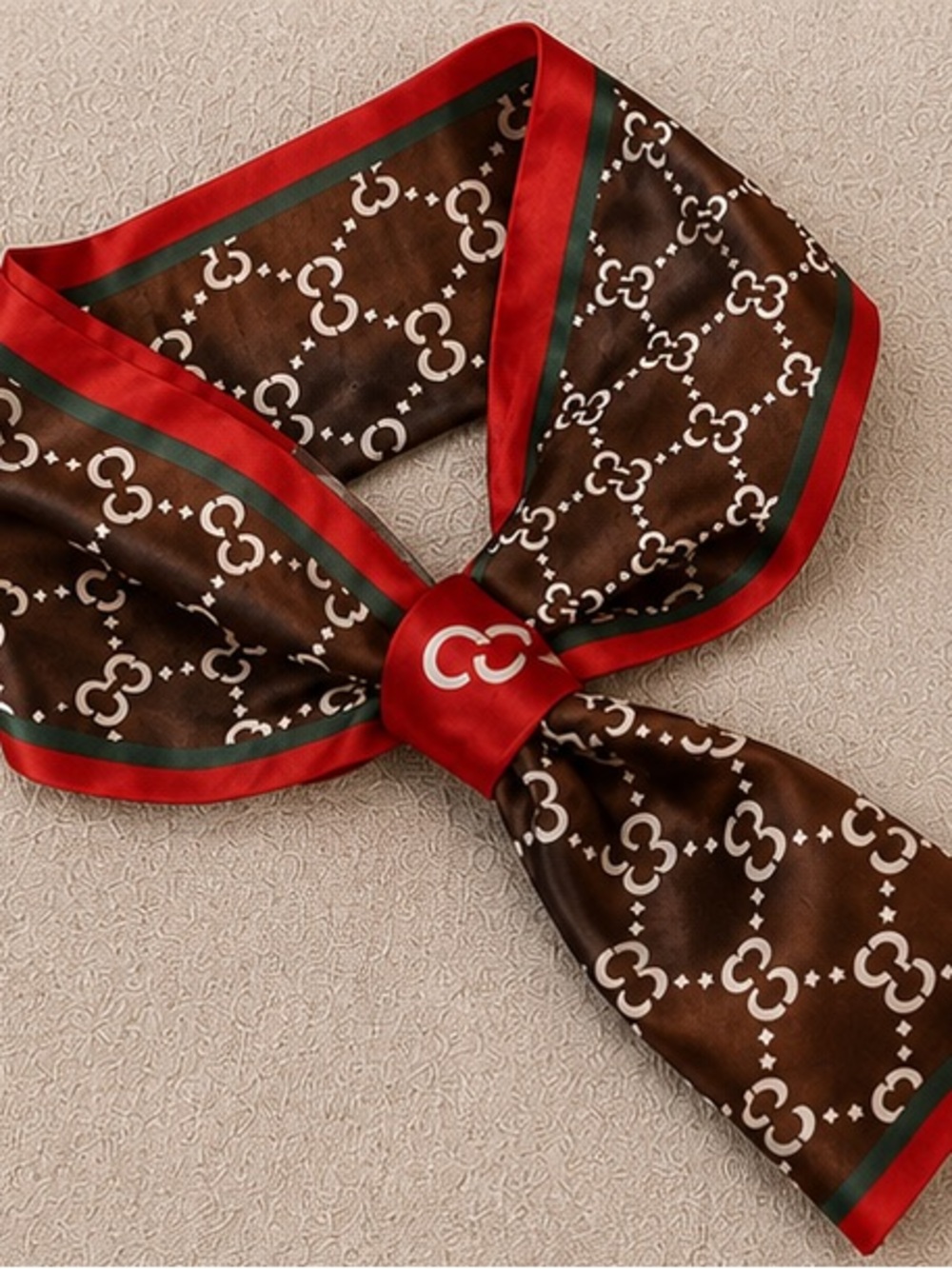 Designer Inspired Twilly Scarf Brown, Red & Green Chain Print Hair Scarf